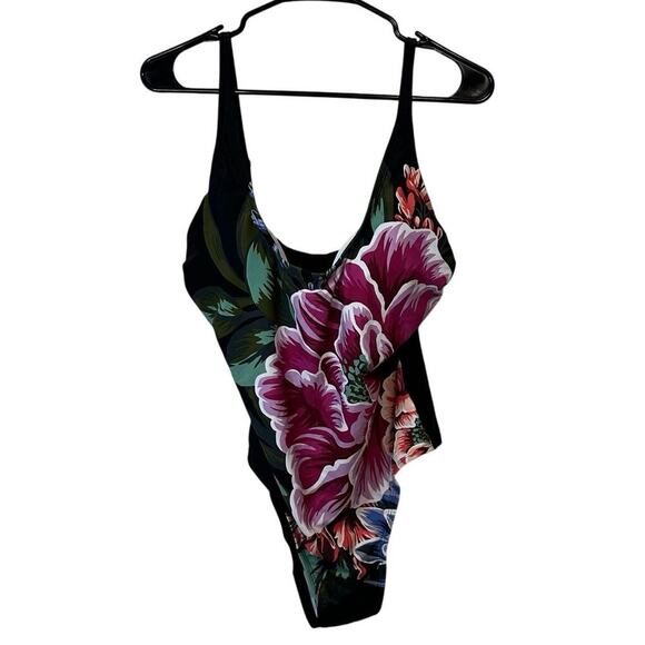 Kona Sol Black Floral Print One Piece Swimsuit Size L Summer Beach Pool NWT - Picture 1 of 9